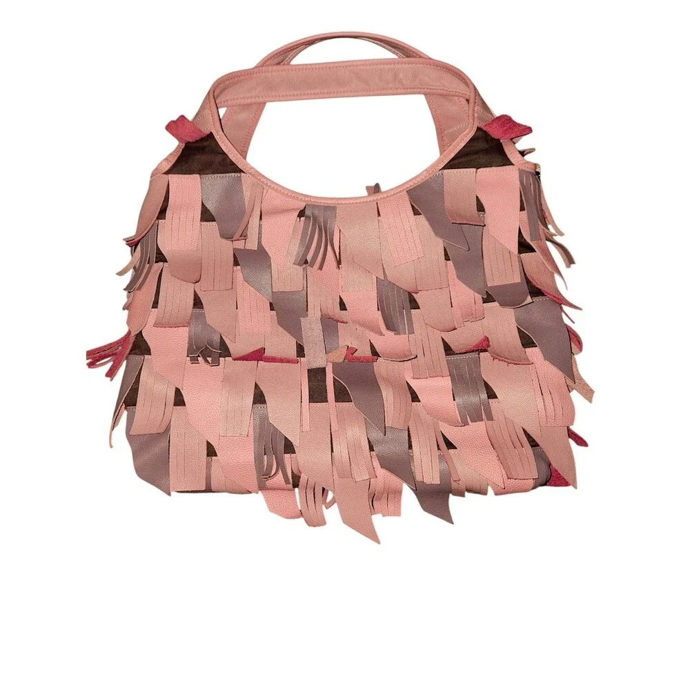 Chaos by Elsie Pink Leather Fringed Hobo Bag Shoulder Bag